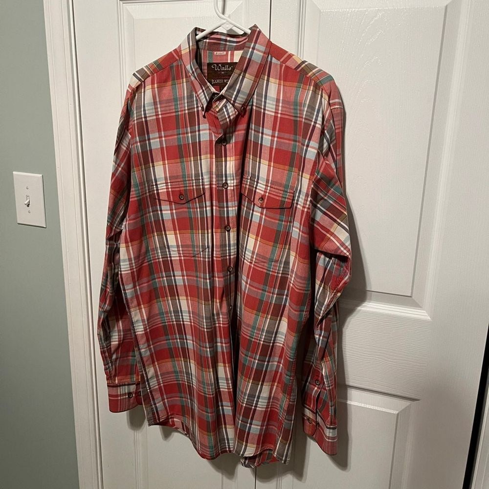 Walls Authentic Ranch Wear Mens Red‎ Plaid Large Button Front Shirt Western